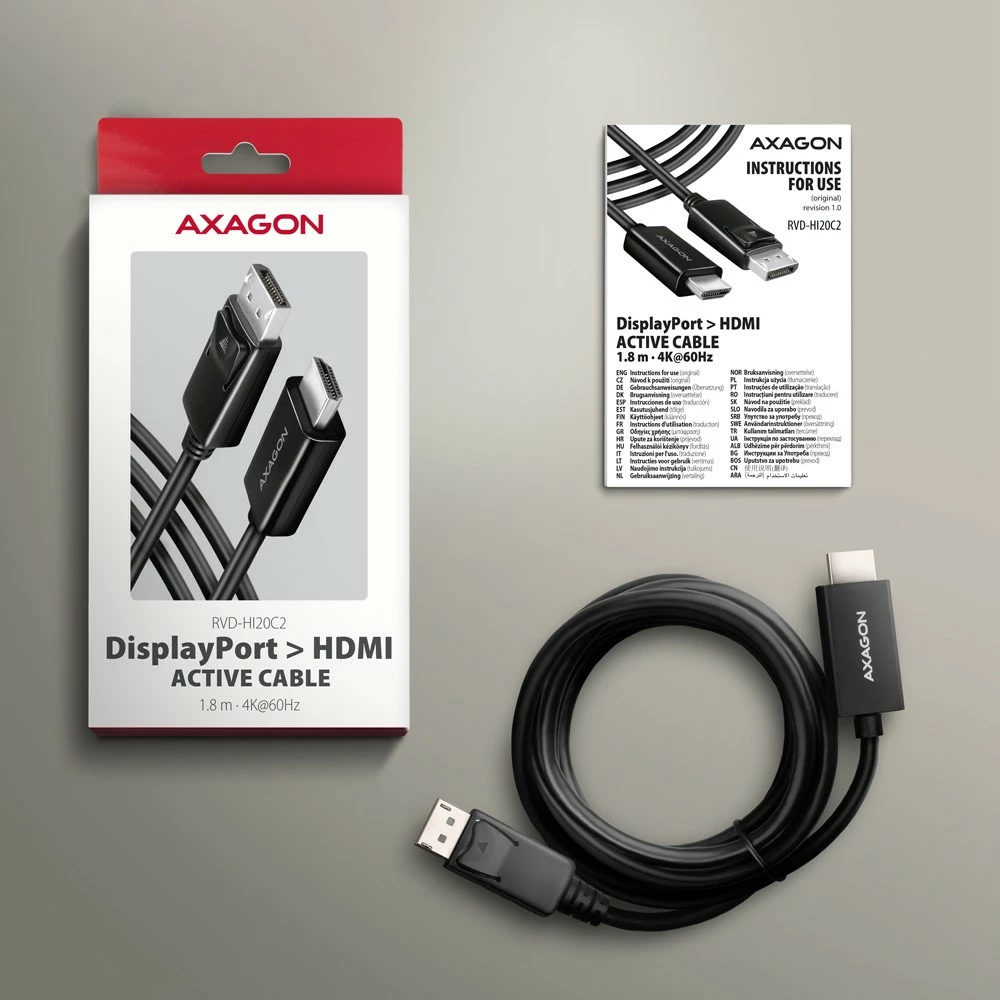 Aktivni kabel/adapter DisplayPort na HDMI AXAGON RVD-HI20C2, 1,8 m, 4K/60 Hz, črn