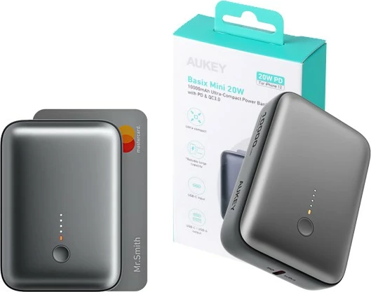 Power bank AUKEY PB-Y55, 10000 mAh, 22,5 W, 2x USB, siv