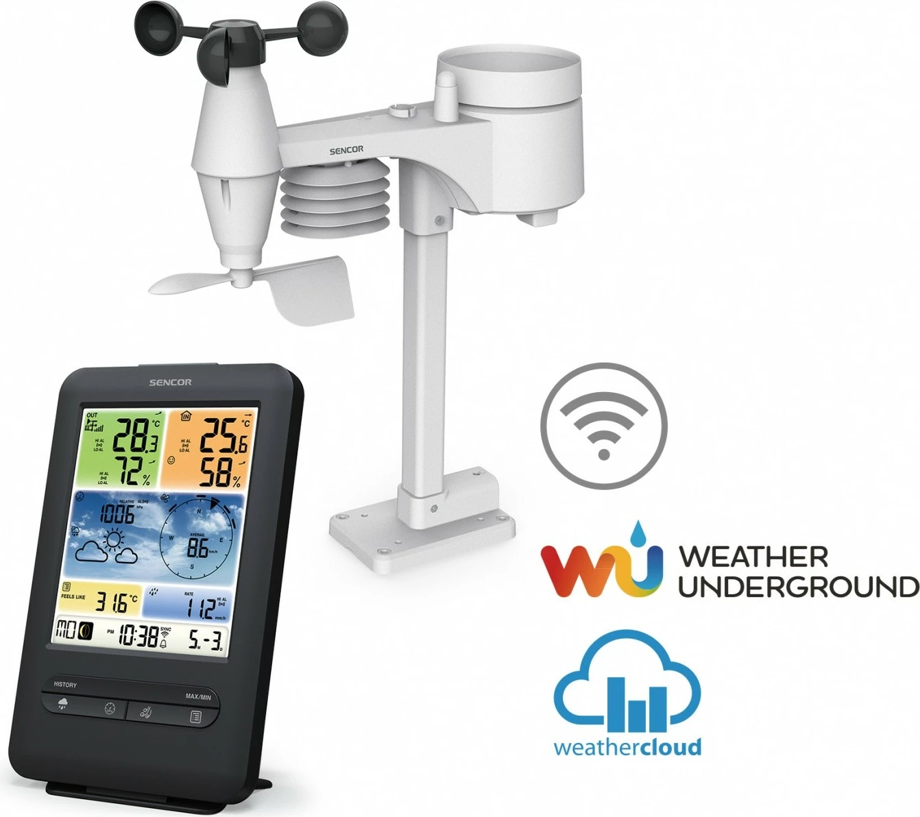 Vremenska postaja z WiFi, 5-v-1 senzor, črno-bela — Sencor SWS 9898 PRO