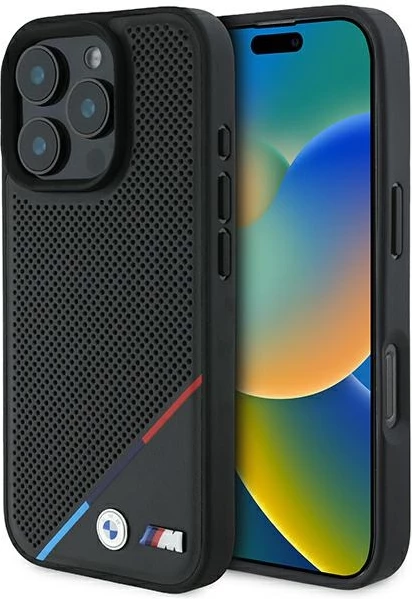 Perforiran ovitek za telefon Tricolor Line BMW M, MagSafe, za iPhone 16 Pro, črn