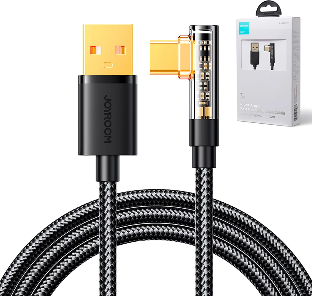 Kabel USB-C pod kotom 90°, Joyroom S-UC027A6, 1,2 m, 3A, črn