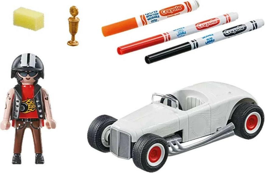 Set kreativen za barvanje Playmobil Hot Rod 71376 s flomastrami Crayola, za otroke