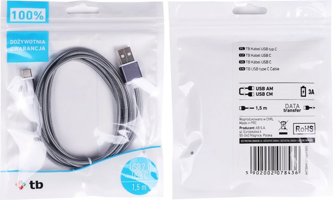 Kabel USB v USB Type-C TB AKTBXKUCSBA150S, 1,5 m, sivi