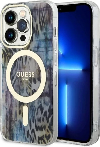 Zaščitni ovitek z leopardskim vzorcem MagSafe za iPhone 14 Pro 6,1", Guess, modra