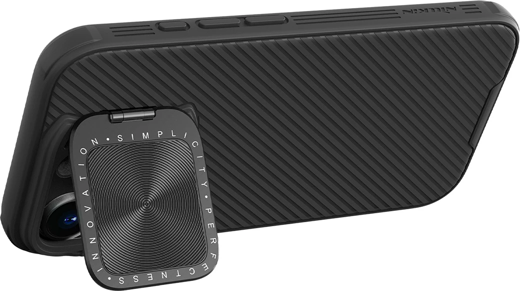 Ovitek za iPhone 16 Pro z zaščito kamere in držalom, Nillkin CamShield Prop, črn