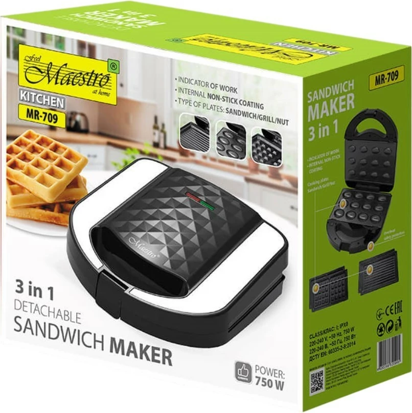 3-v-1 sendvič toster, Feel-Maestro MR-709, 750 W, črno/srebrn, z zamenljivimi nelepljivimi ploščami