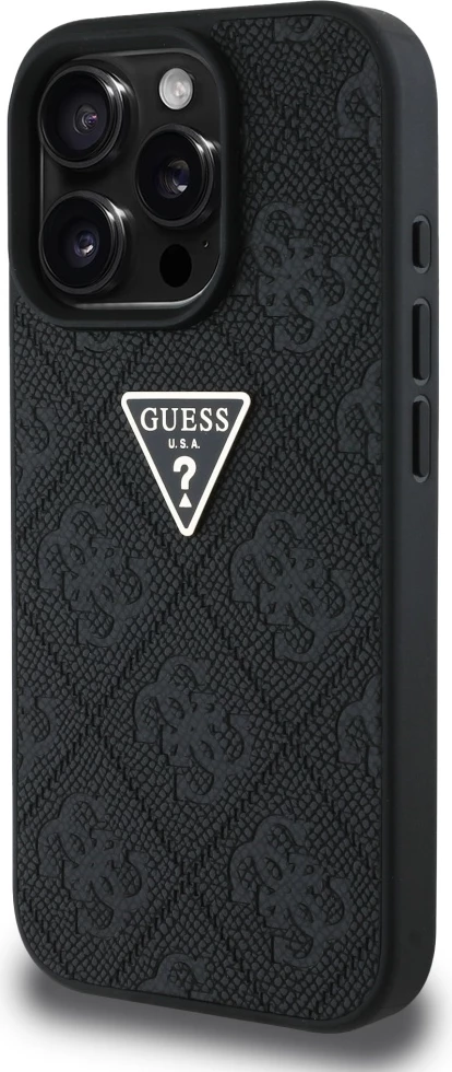 Ovitek Hot Stamp 4G z vzorcem trikotnika in metalnim logotipom Guess za iPhone 16 Pro, črn