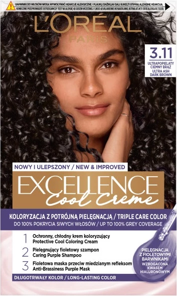 Barva za lase L'Oreal Paris Excellence Cool Creme 3.11 Ultrapopielaty Temno rjava za ženske, 1 kos