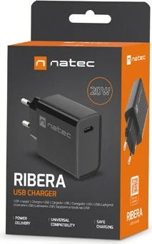 Stenski napajalnik 1x USB-C, 20W Natec Ribera NUC-2060, črn