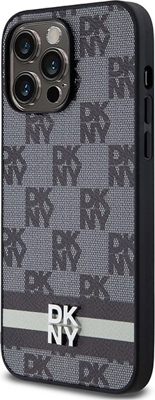 Ovitek za telefon s karo vzorcem in potiskanim črtami, DKNY Leather — za iPhone 14 Pro Max, črn