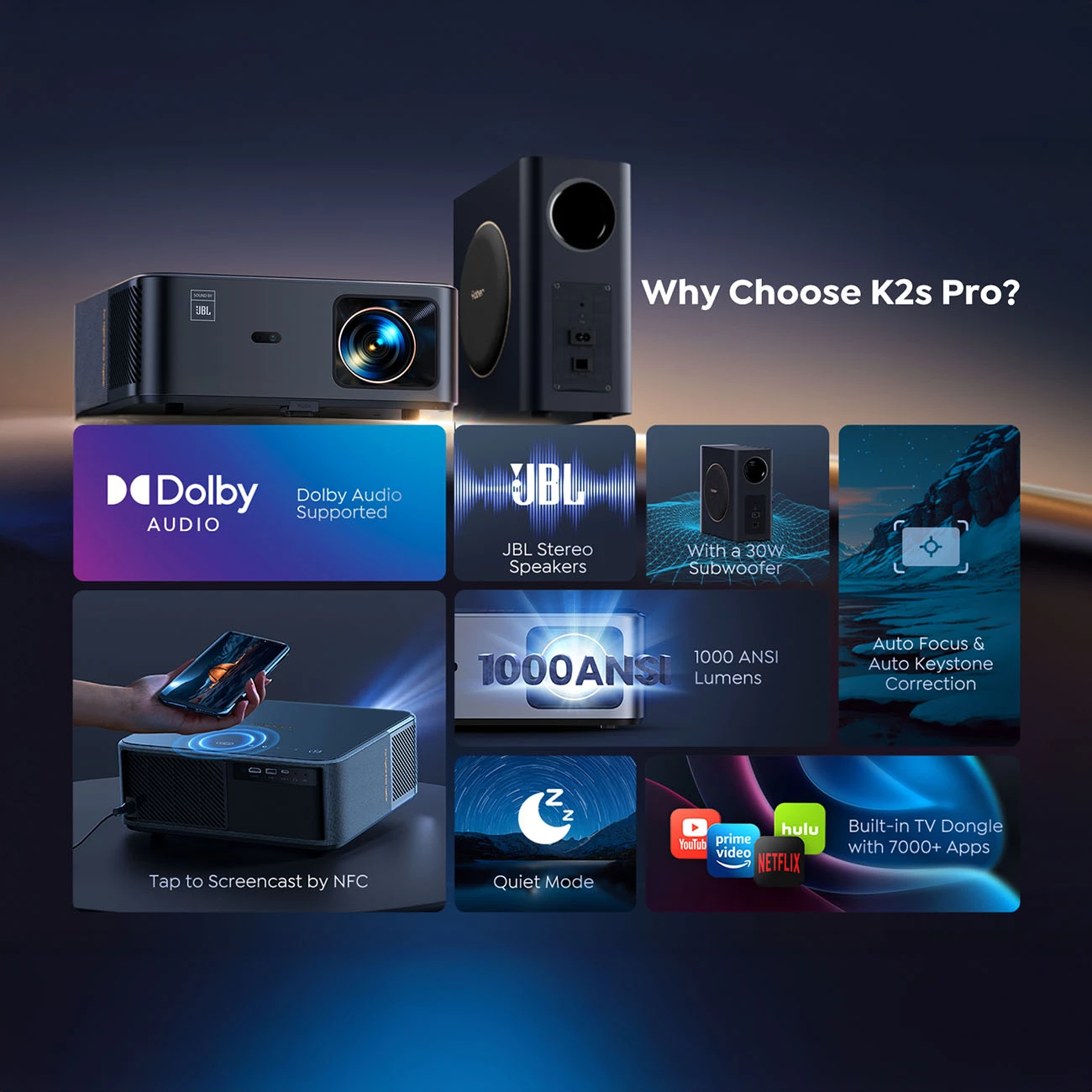 Multimedijski projektor Yaber K2s Pro, FullHD 1080p, JBL zvočniki in subwoofer, Android TV, črn