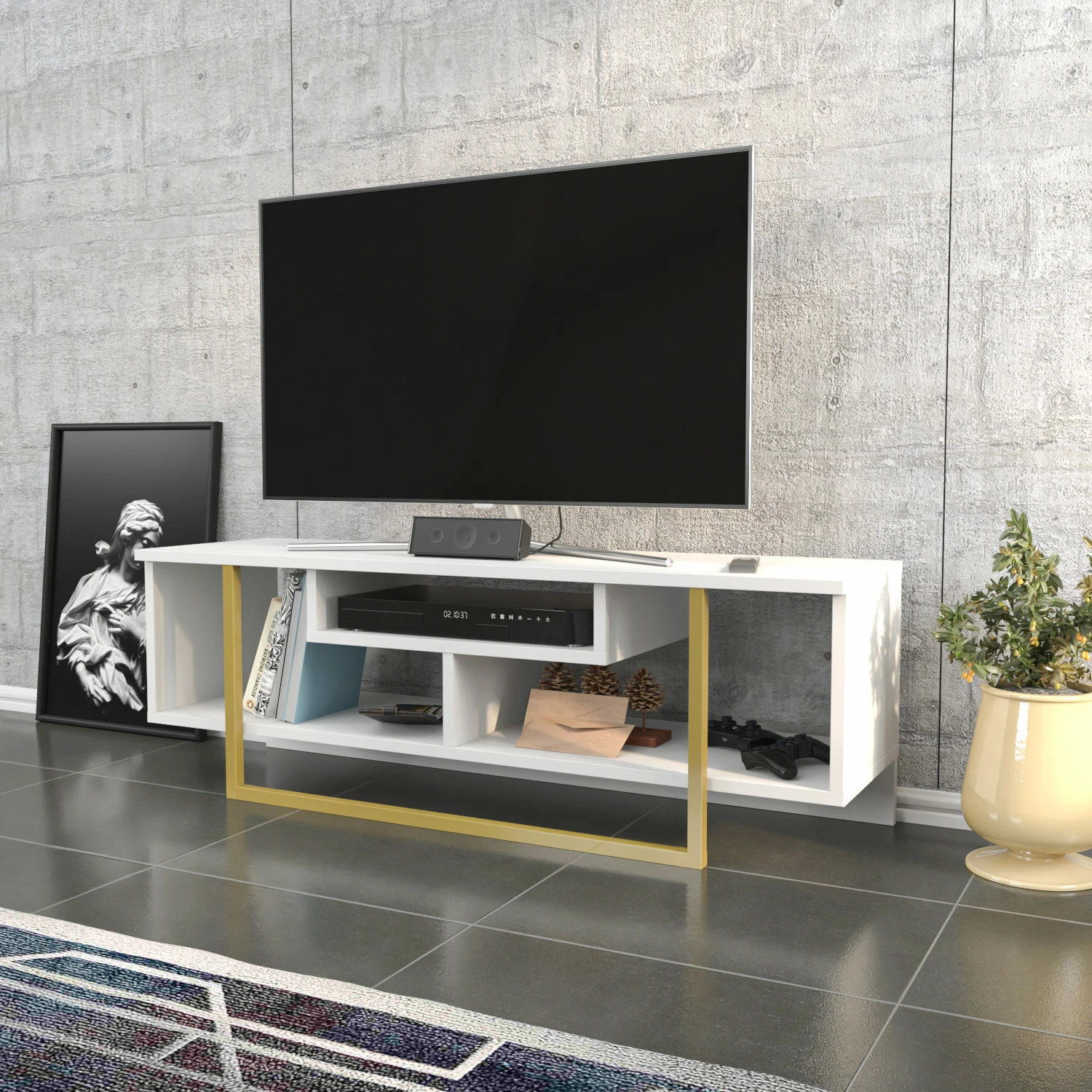 TV komoda Asal 120, zlata in bela, Hanah Home