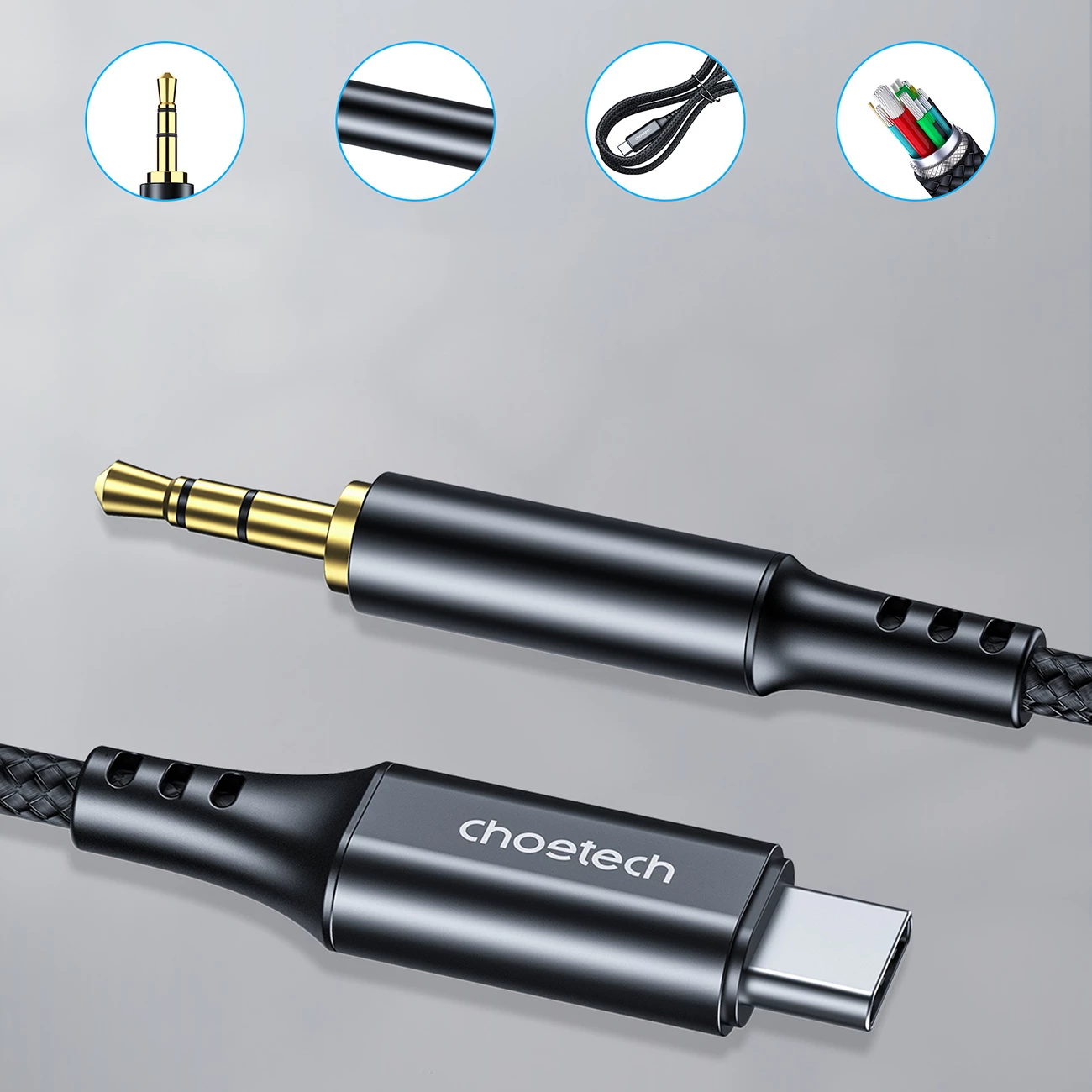Avdio kabel USB-C na mini jack 3,5 mm Choetech AUX006, 1 m, črn