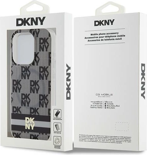Ovitek za telefon IML z mono karo vzorcem in potiskanim črtastim vzorcem, MagSafe — DKNY za iPhone 15 Pro, črn