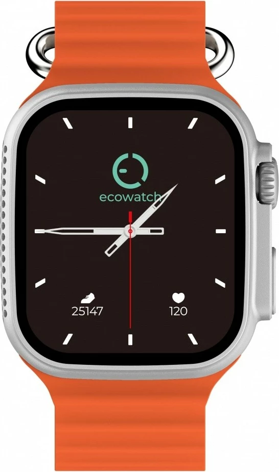 Pametna ura EcoWatch EW02, 1,91-palčni, Bluetooth, srebrna z oranžnim paščkom, komplet z 2 paščkoma