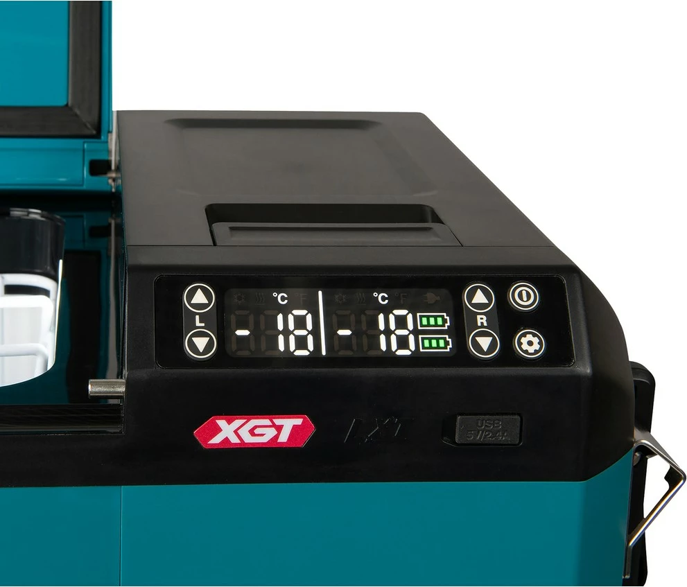 Prenosna termična škatla, hladilno-grelna, Makita CW004GZ 40V, LED zaslon, na kolesih, črno/modra