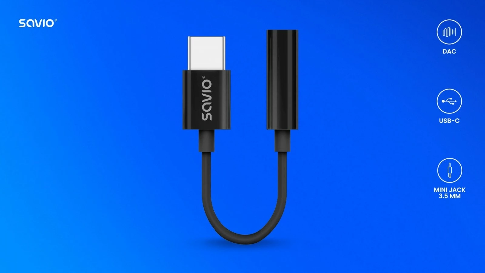 Adapter za zvok USB-C na 3,5 mm Savio AK-74, črn