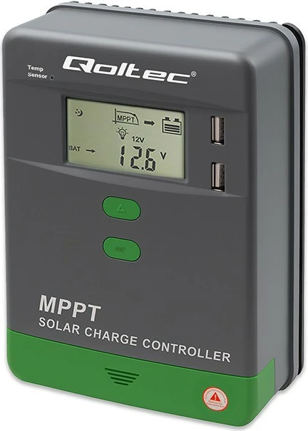 Krmilnik sončnega polnjenja Qoltec MPPT 53660, 10A, 12V/24V, LCD, 2xUSB, Bluetooth, siv/zelena