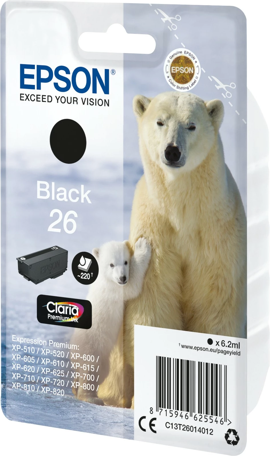 Toner, črn Epson Polar bear Singlepack Black 26 Claria Premium Ink, standardna zmogljivost, 6,2 ml