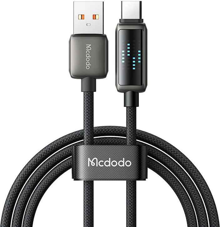 Naglavni kabel za hitro polnjenje Mcdodo CA-2350 USB-A v USB-C, 1,2 m, 6A, z LED zaslonom, črn