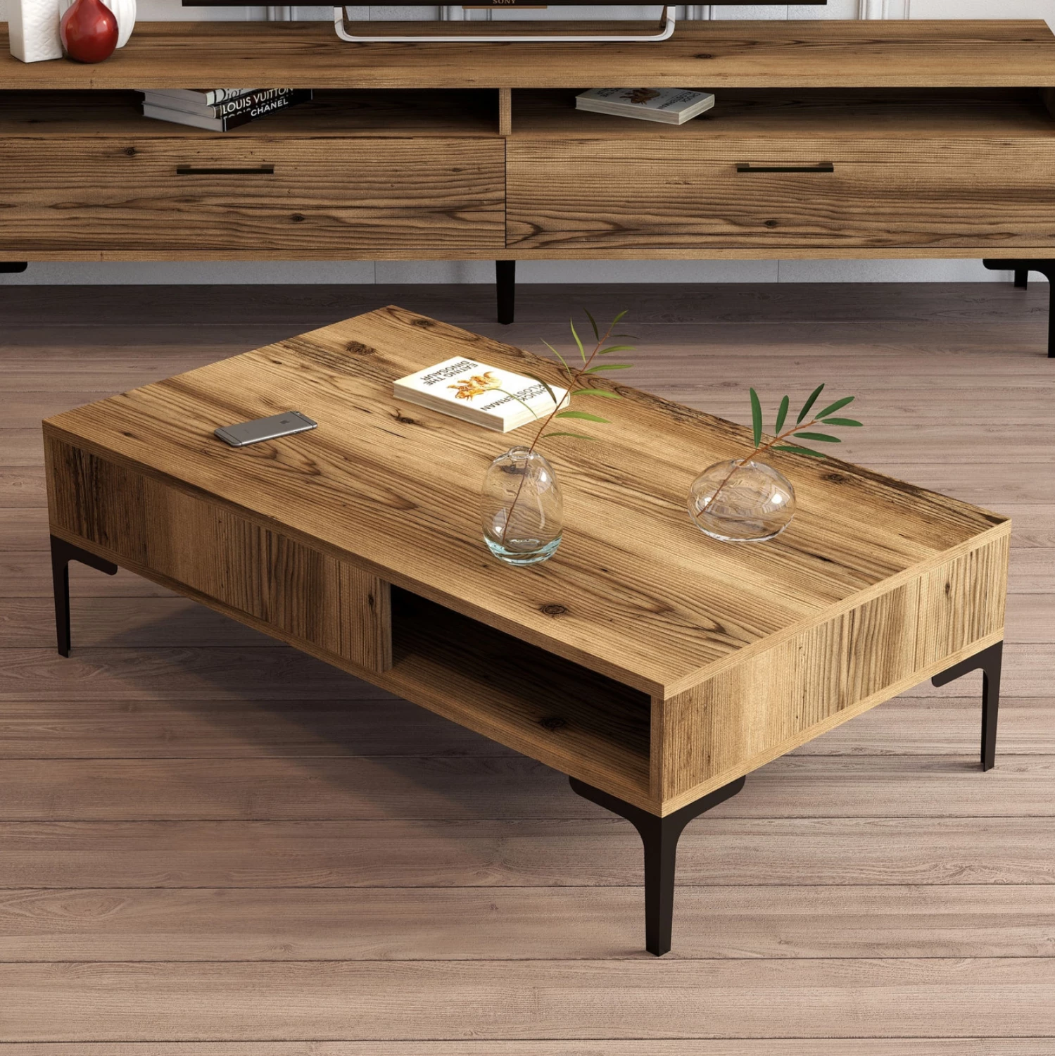 Klubska miza iz melamina FH9503.01 v barvi oreha in kovinske noge 105x60x32,6H cm