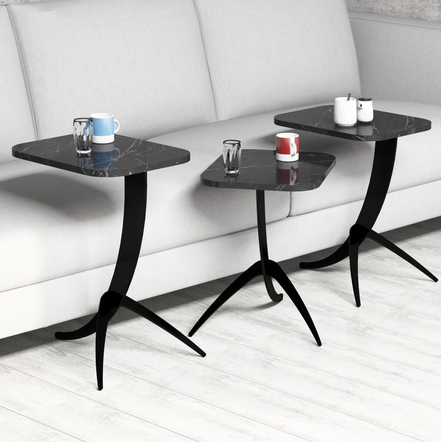 Stranske mize 3 kosi FH9508.02 melamin črni marmor videz-črne kovinske noge 35x45x60H cm