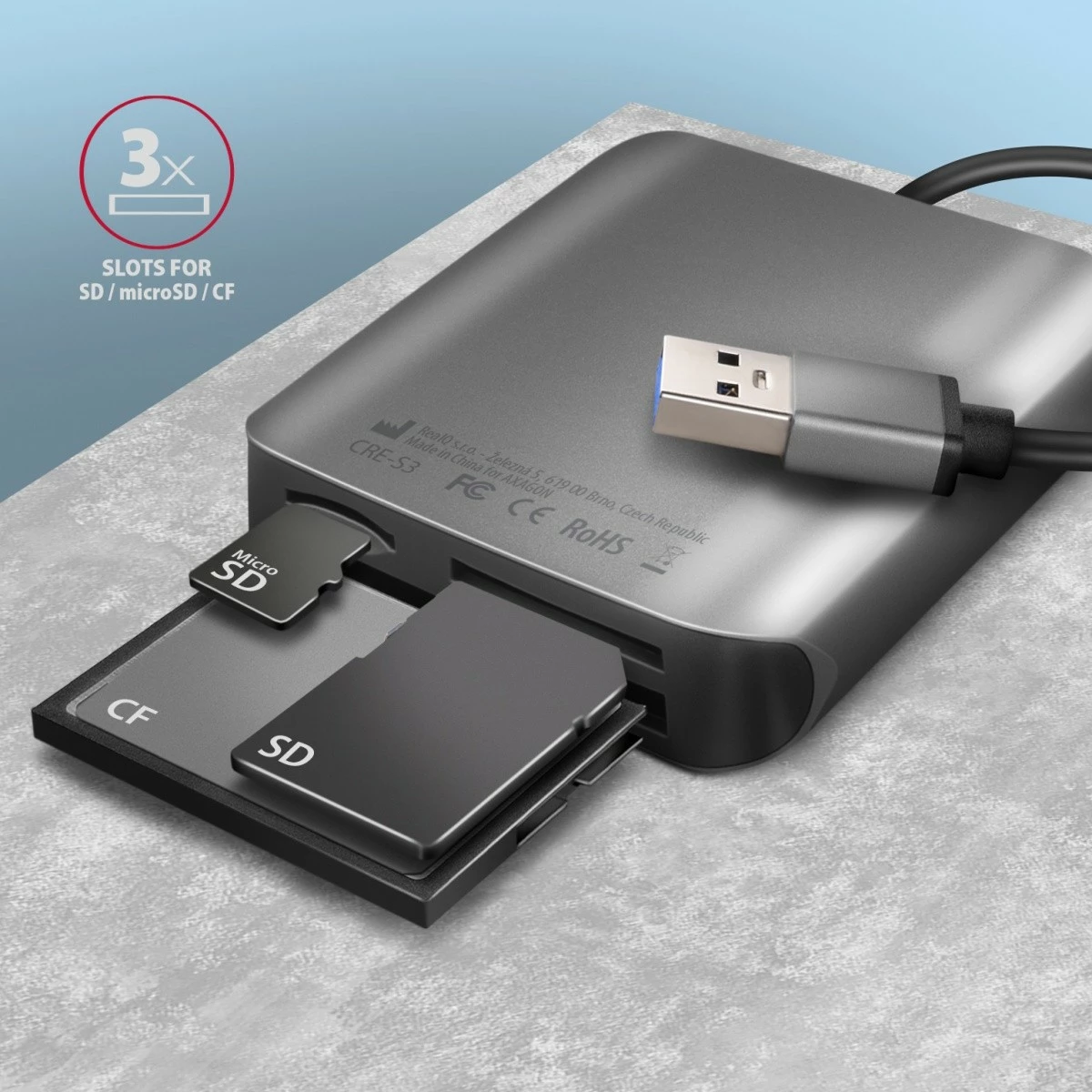 Kompakten bralnik kartic AXAGON CRE-S3, USB-A, 3 reže, USB 3.2 Gen 1, siv