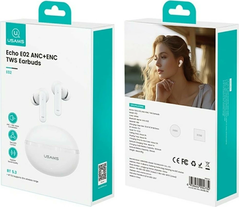 Slušalke TWS USAMS Echo E02 USA001641, ANC+ENC, Bluetooth 5.3, 29 h s polnilno škatlico, bele
