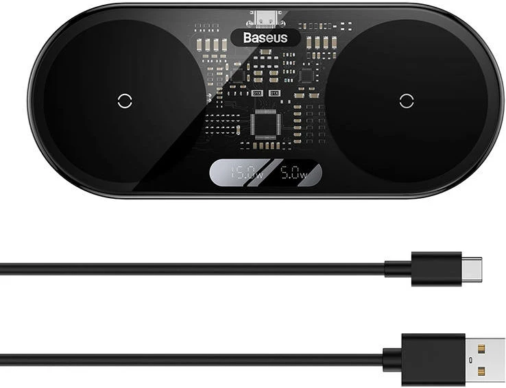 Brezžični polnilec Baseus WXSX010101, dvojni Qi, 20 W, LED zaslon, črn