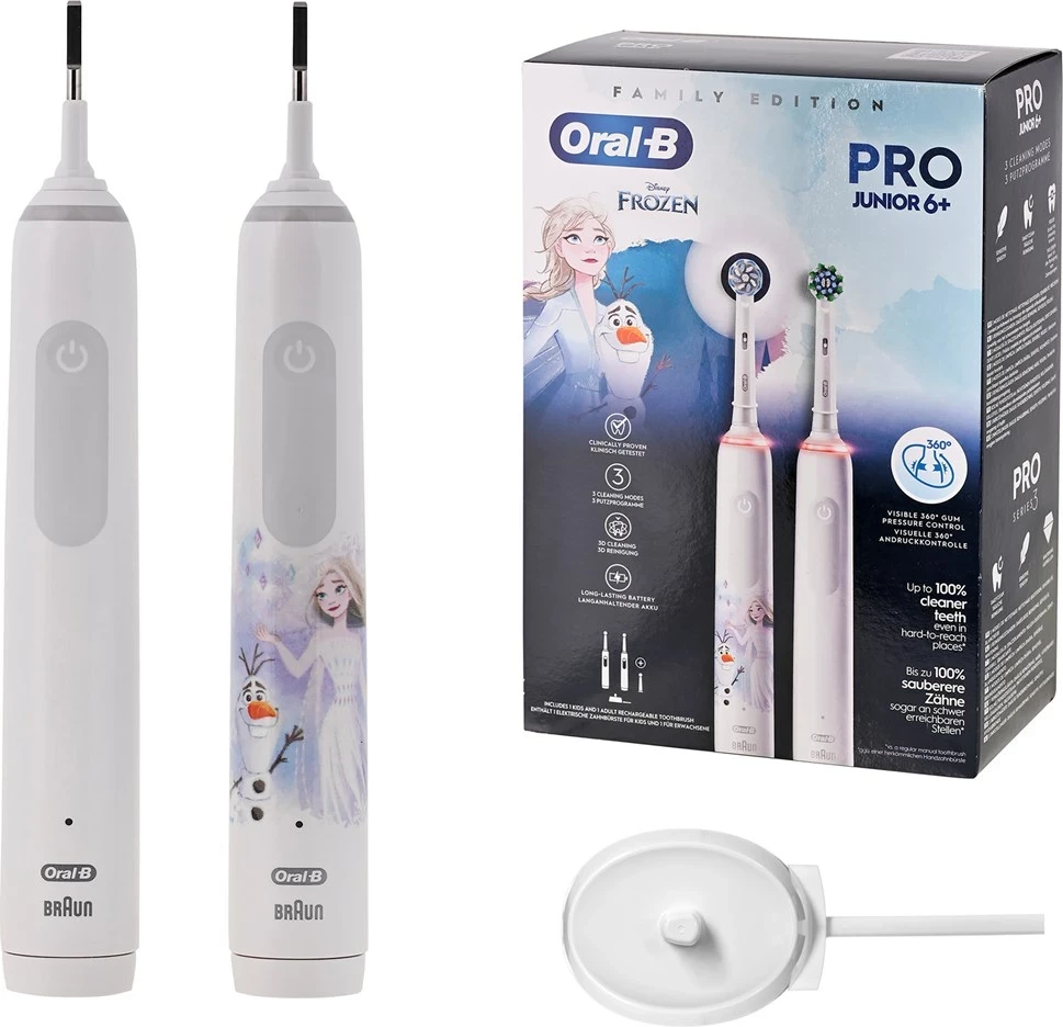 Električne zobne ščetke za odrasle in otroke Braun Oral-B Pro 3 3000 White + Oral-B Junior Frozen 6+, 2 kosa, bela