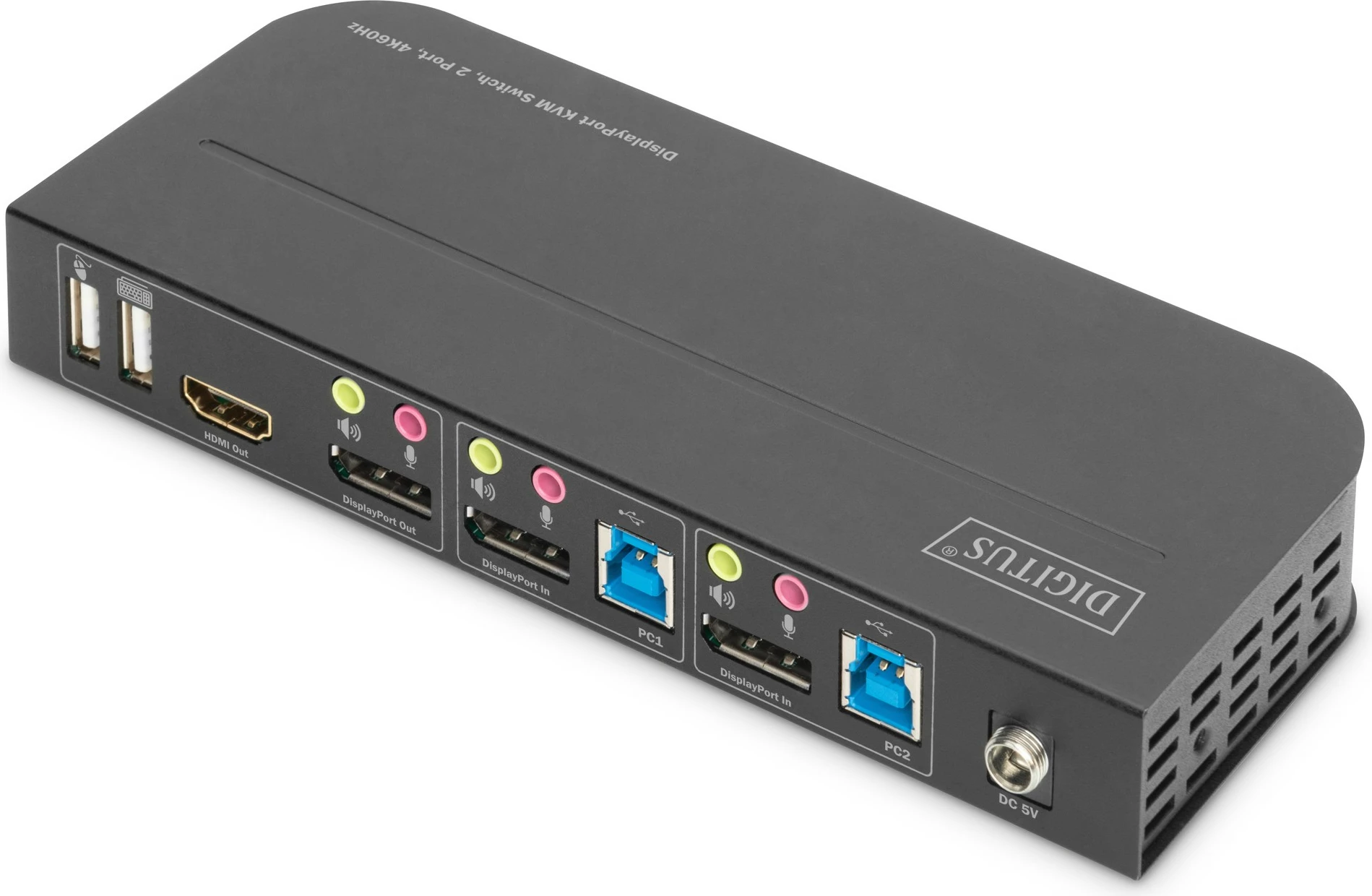 KVM stikalo Digitus DS-12850, 2 vrata, 4K/60Hz, 2x DP v 1x DP/HDMI, črno
