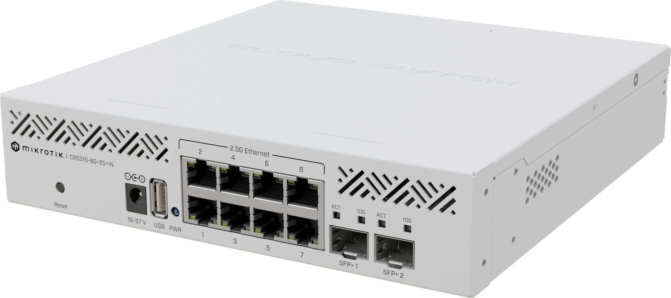 Stikalnik MikroTik CRS310-8G+2S+IN, L3, upravljan, 2,5G Ethernet, PoE, montaža v rack, 1U, bel