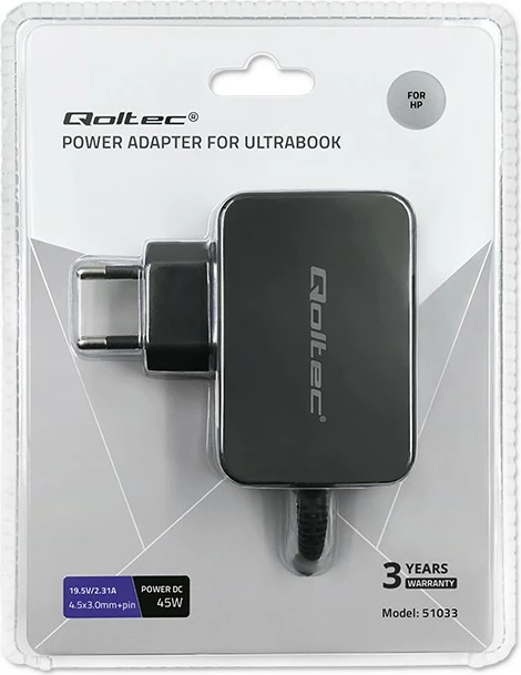 Adapter za napajanje za ultrabook Qoltec 51033, 45 W, 19,5 V, 2,31 A, 4,5x3,0+pin, črn