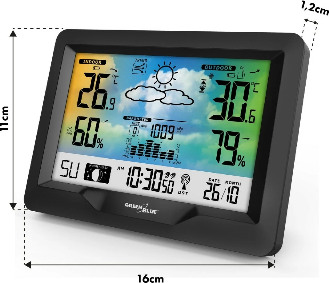 Brezžavna vremenska postaja z indikatorjem udobja GreenBlue GB540N, meritev vlažnosti, lunine faze, ura DCF, črna