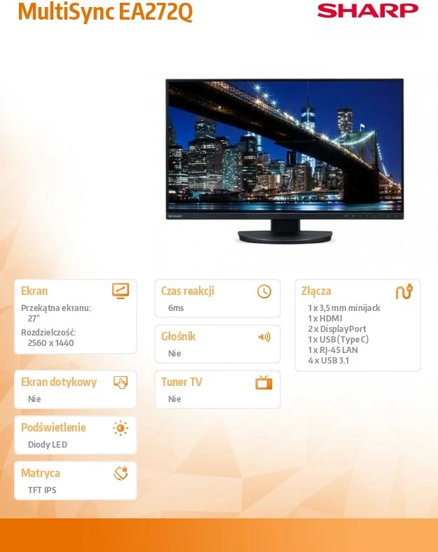 Monitor 27-palčni, Quad HD, USB-C, črn Sharp MultiSync EA272Q