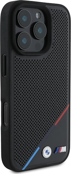 Perforiran ovitek za telefon Tricolor Line BMW M, MagSafe, za iPhone 16 Pro, črn