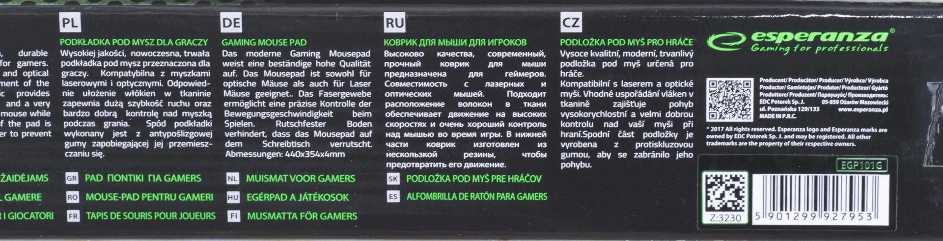 Mauspad za igre Esperanza EGP101G, črn