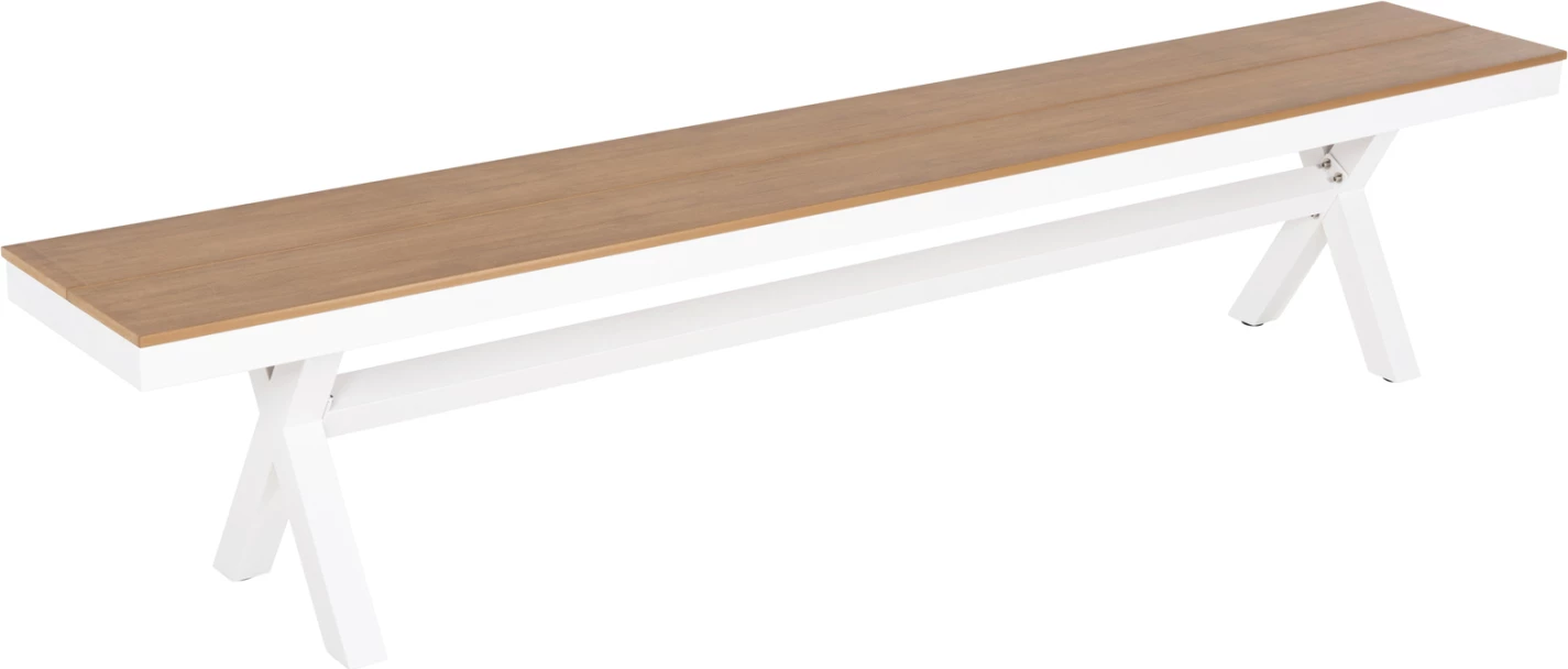 Aluminijasta klop TAWNEE FH6040.02 bela s sedežem iz polilesa v naravni barvi lesa 220x36x44,5Hcm