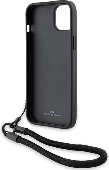 Ovitek za telefon iz naravnega usnja z vrvico BMW Signature Wordmark za iPhone 15/14/13, usnje, črn