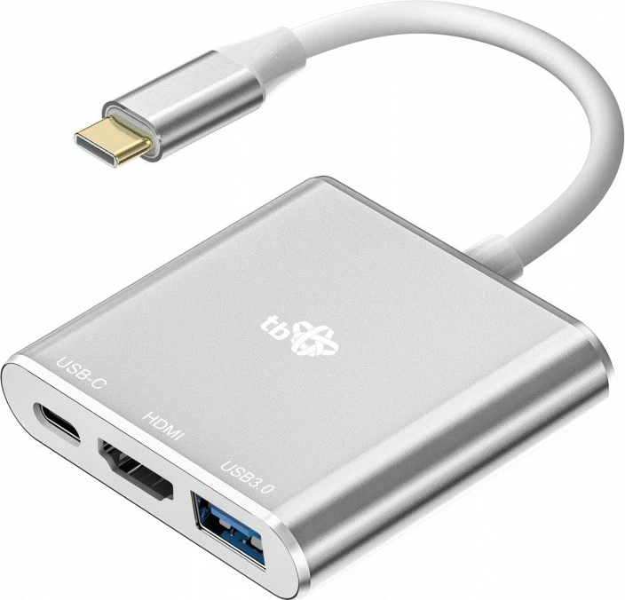 HUB-adapter USB-C 3-v-1 TB, HDMI, USB 3.0, Power Delivery, srebrn