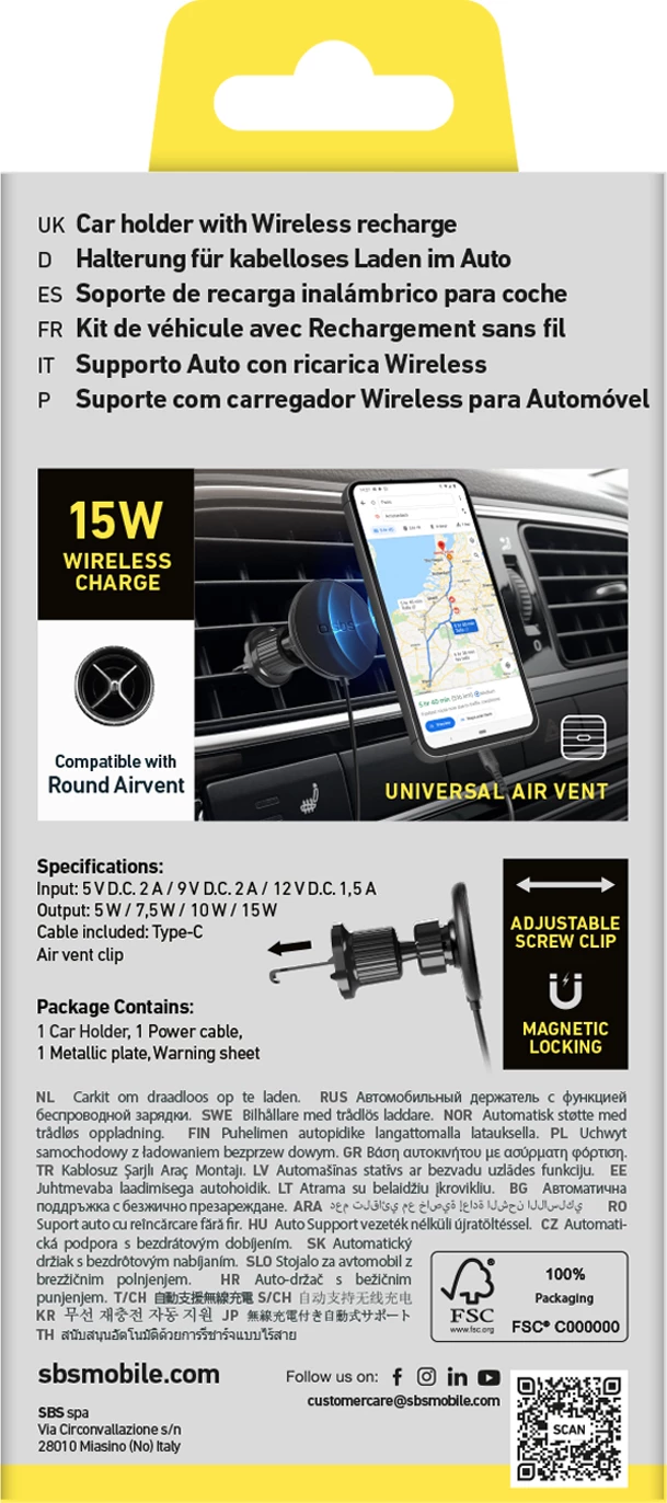 Magnetni nosilec za pametni telefon z brezžičnim polnjenjem SBS TESUPPMAG15WVENT, MagSafe, 15W, črn