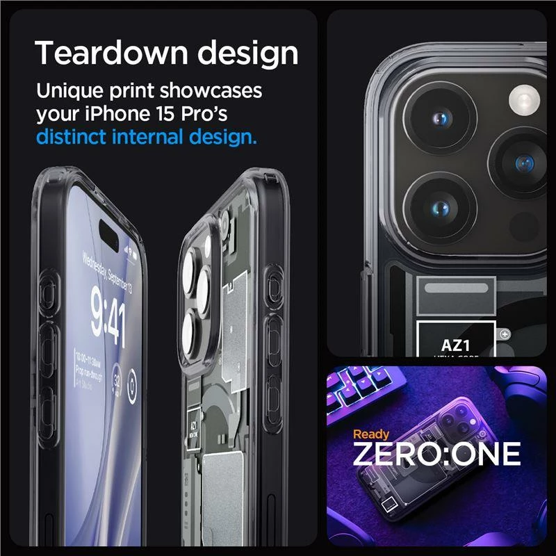Prozoren zaščitni ovoj z magnetom Spigen Ultra Hybrid Mag za iPhone 15 Pro, MagSafe, Zero One, prozorno/siv