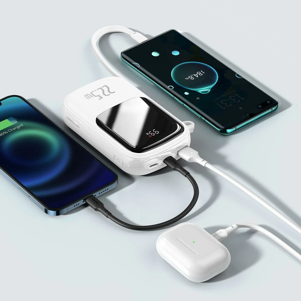 Powerbank 20000mAh, 22,5W, z vgrajenim kablom USB-C, Baseus Qpow, bel