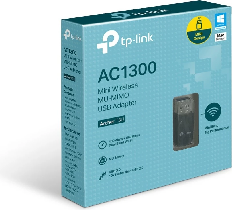 Wi‑Fi adapter TP‑Link Archer T3U, USB, WLAN, Wi‑Fi 5, 867 Mbit/s, črn