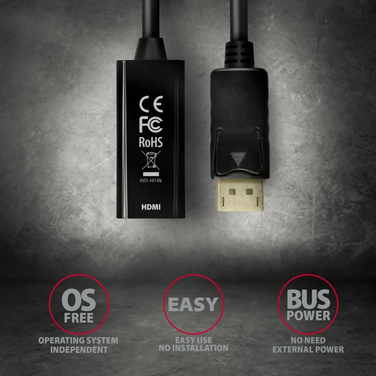 Aktivni adapter DisplayPort na HDMI AXAGON RVD-HI14N, 4K/30Hz, 18 cm, črn