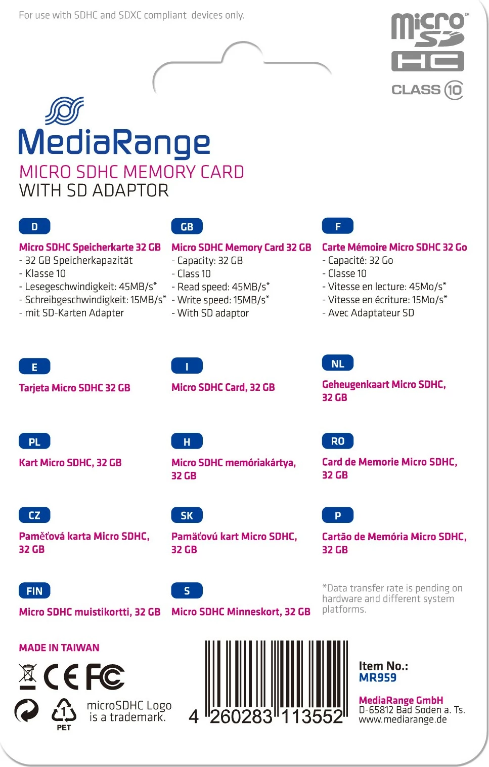 MicroSDHC kartica 32 GB, Class 10, z adapterjem, črna - MediaRange