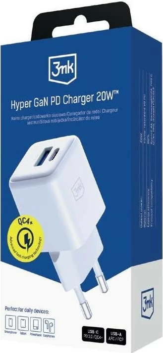 Polnilec za pametne telefone 3MK Hyper GaN 20W, USB 3.0 in USB Type-C, bel