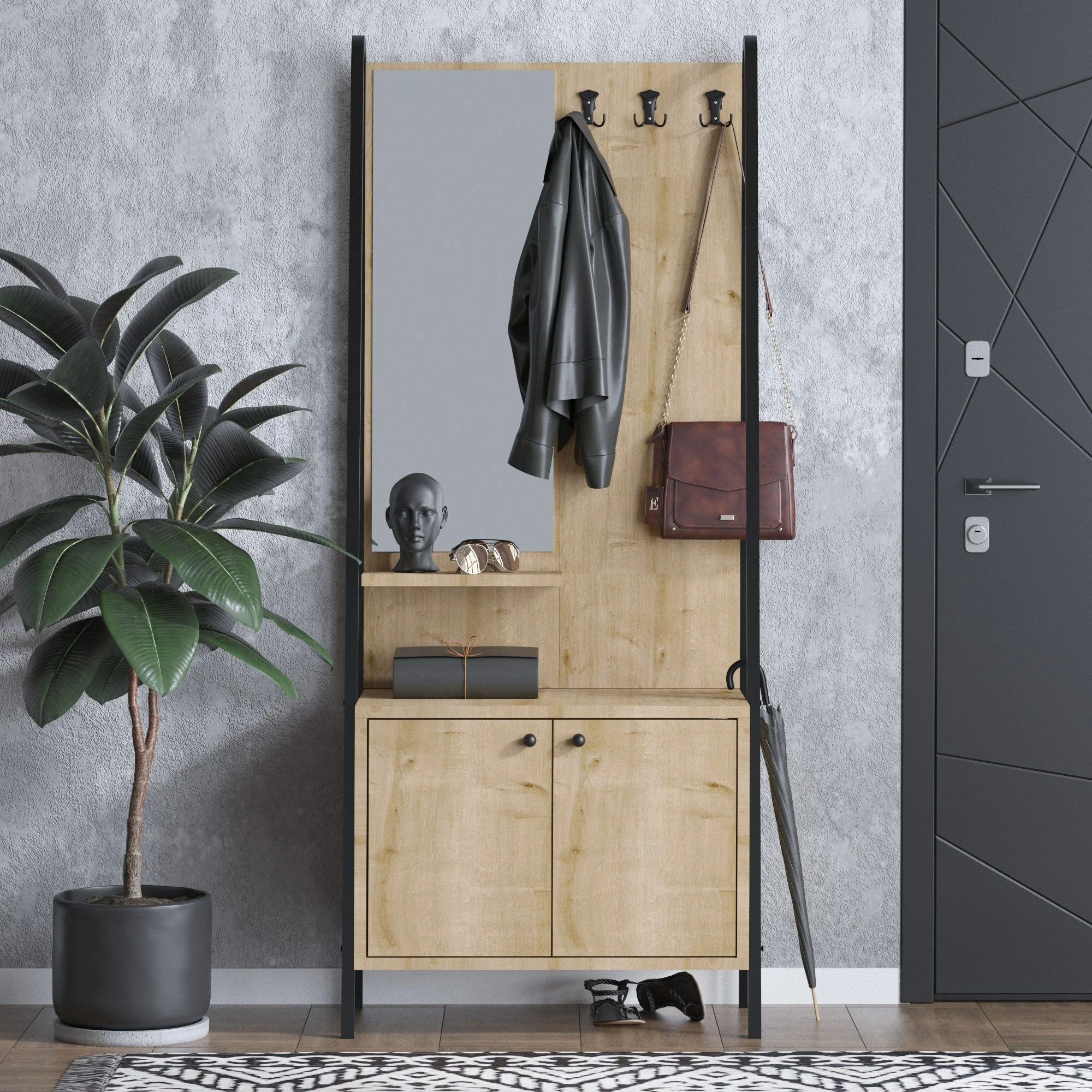 Stojalo za hodnik, hrast/črno, Lumi Dec0145
