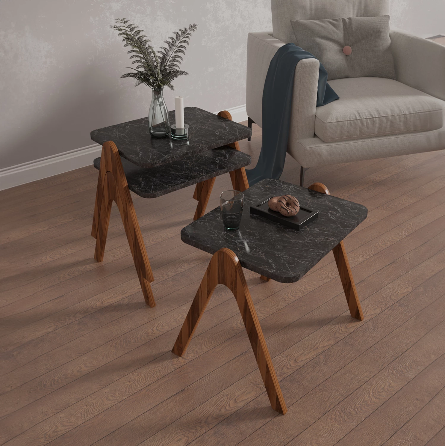 Pomožne mize 3-delni set REACHER FH18176.02 melamin v orehu-črni marmor vrh 40x30x40Hcm