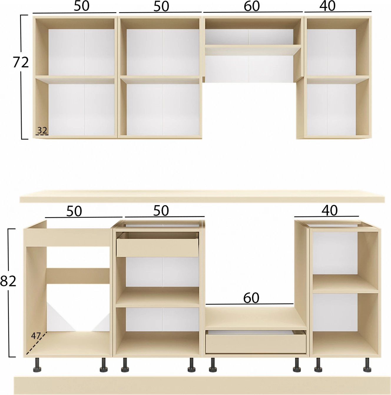 Kuhinjska kombinacija iz melamina v antracitni in bež barvi z marmornim videzom vrha 200x47x84,8H cm. Set
